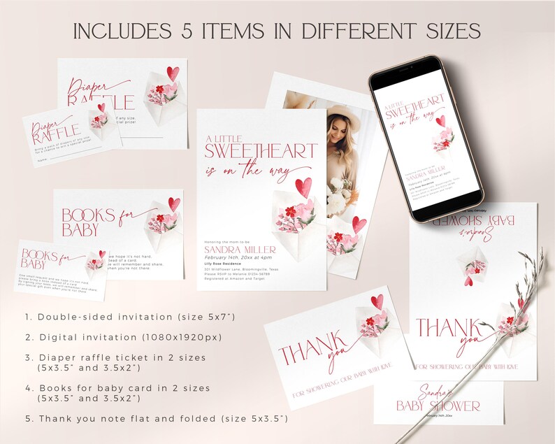 May include: A set of printable baby shower invitations and cards featuring a watercolor design with pink and red hearts and flowers. The text includes "A Little Sweetheart is on the Way", "Books for Baby", "Diaper Raffle", and "Thank You".