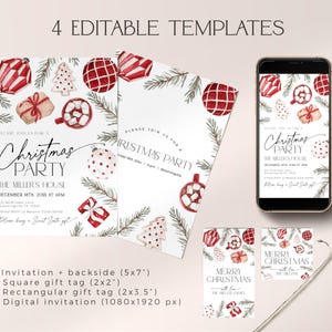 Paquete de invitaciones para fiestas navideñas para niños, invitación navideña con adornos rojos imprimibles, etiquetas de regalo navideñas editables para niños, tarjeta divertida para eventos familiares, CH73 imagen 2