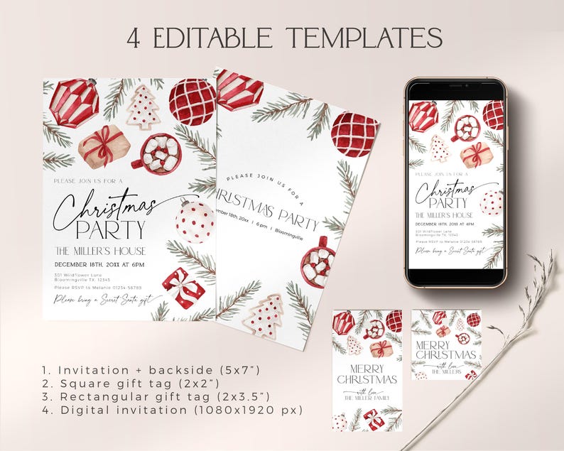 Paquete de invitaciones para fiestas navideñas para niños, invitación navideña con adornos rojos imprimibles, etiquetas de regalo navideñas editables para niños, tarjeta divertida para eventos familiares, CH73 imagen 2