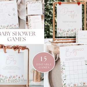 Pacchetto giochi Baby Shower rosa cipria, bambino primaverile in fiore Attività per feste per la futura mamma, ragazza bingo con pannolini di fiori selvatici, carta di consigli floreali, BB13