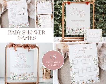 Może przedstawiać: Zestaw 15 drukowanych gier na baby shower w stylu kwiatowym. Gry obejmują "Baby Bingo", "Nie mów Baby", "Przewidywania", "Lista rzeczy do zrobienia", "Baby Shower" i "Loteria pieluszek".