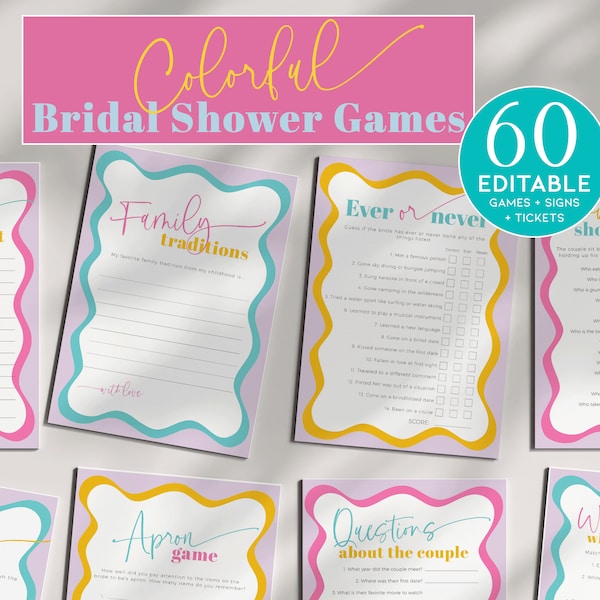 Colorful Wavy Border Bridal Shower Games Lavender, Hen Party Activity Pack Download, Pastel Bachelorette Weekend, Wedding Printable, BS56