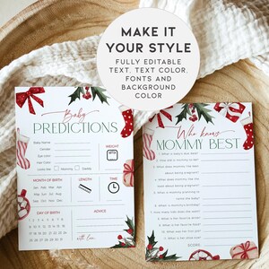 May include: Two printable baby shower game cards with a Christmas theme. The first card is a baby prediction game with a red and white stocking, a scale, a ruler, and a clock. The second card is a "Who Knows Mommy Best" game with red and white stockings and presents. Both cards have a green holly and red berry design.