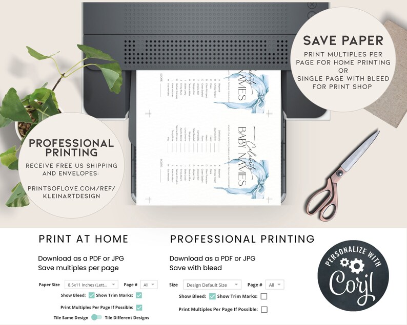 May include: A printable baby names list with a blue watercolour design. The printable is available in PDF or JPG format and can be printed at home or professionally. The listing includes instructions for printing multiples per page or a single page with bleed for professional printing.