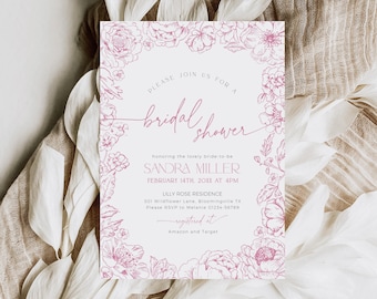 Pink Toile de Jouy Bridal Shower Invitation, Blush Floral Chinoiserie Wedding Invite, Elegant French Vintage Template, Garden Tea Party BS95