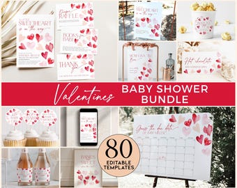 Pode incluir: Um conjunto de 80 modelos editáveis de chá de bebê do Dia dos Namorados. Os modelos apresentam um design de aquarela com corações rosa e vermelhos. O texto inclui "Baby Sweetheart", "Bar de Mom-osa", "Adivinhe a data do parto" e "Chocolate quente".