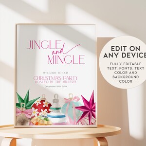 K&ouml;nnte beinhalten: Eine druckbare Weihnachtsfeier-Einladung mit einer Aquarell-Illustration von Ornamenten und dem Text "Jingle and Mingle" und "Willkommen zu unserer Weihnachtsfeier, ausgerichtet von den Millers, am 18. Dezember 20xx".