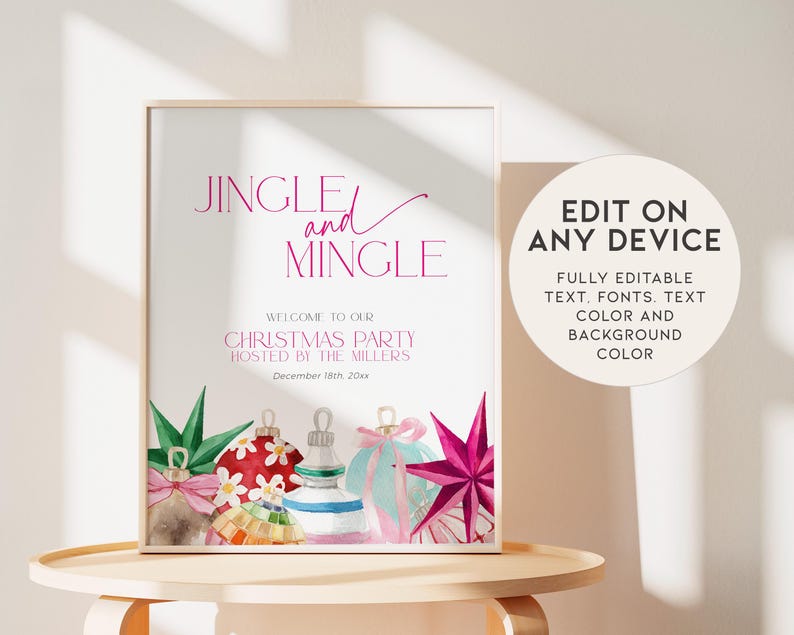 K&ouml;nnte beinhalten: Eine druckbare Weihnachtsfeier-Einladung mit einer Aquarell-Illustration von Ornamenten und dem Text "Jingle and Mingle" und "Willkommen zu unserer Weihnachtsfeier, ausgerichtet von den Millers, am 18. Dezember 20xx".