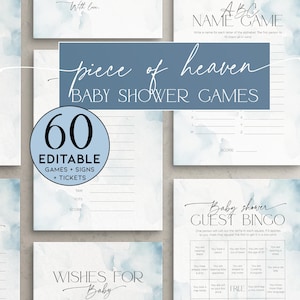 May include: A collection of baby shower games and signs with a watercolor background. The text "piece of heaven BABY SHOWER GAMES" is displayed. Includes 60 editable games, signs, and tickets.