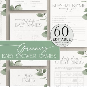 May include: A set of 60 printable baby shower games with a greenery theme. The games include "Celebrity Baby Names", "Nursery Rhyme Quiz", "Baby Shower Guest Bingo", "Baby Traits", and "What's Under or Over".