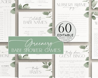 Greenery Baby-Dusche-Spiele-Bundle DRUCKBAR, bearbeitbares Botanisches Aktivitätspaket, Eukalyptus-Vorlage, Grüne Blätter Bingo, Wer weiß Mama, BB39