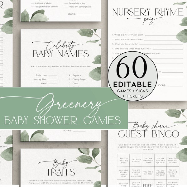 Greenery Baby Shower Games Bundle PRINTABLE, Editable Botanical Activity Pack, Eucalyptus Template, Green Leaves Bingo, Who knows Mom, BB39