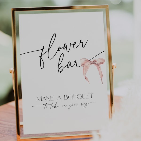 Flower Bar Sign She's tying the knot Bridal Shower Card, Blush Pink Bow Make a Bouquet Signage, Bach Party Favor Gift Table for Guests, BS58