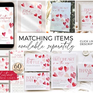 Puede incluir: Un conjunto de tarjetas de juego de baby shower de San Valent&iacute;n imprimibles con un dise&ntilde;o de coraz&oacute;n de acuarela. Las tarjetas incluyen juegos como "Would She Rather", "Guess the Baby Food", "Diaper Raffle" y "Books for Baby".