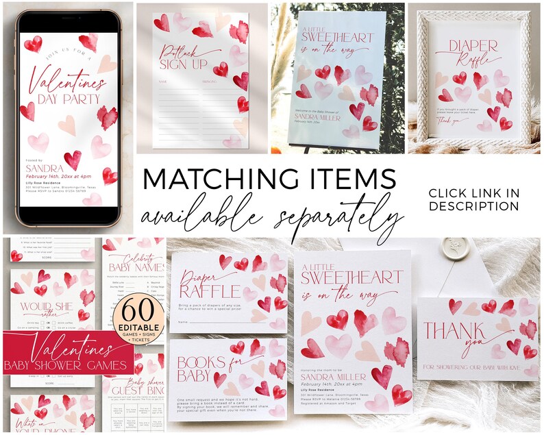 Puede incluir: Un conjunto de tarjetas de juego de baby shower de San Valent&iacute;n imprimibles con un dise&ntilde;o de coraz&oacute;n de acuarela. Las tarjetas incluyen juegos como "Would She Rather", "Guess the Baby Food", "Diaper Raffle" y "Books for Baby".
