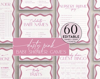 Wavy Printable Games for Baby Shower Dusty Rose, Editable Blush Pink Gender Reveal Party Pack, Bingo Template, Who knows Mommy, Advice, BB45