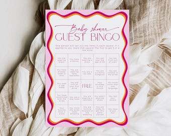 Pink and Orange Wavy Border Guest Bingo, Bright Curvy Baby Shower Printable Activities, Colorful Mom-to-be Party, Retro Boho Game Card, BS36