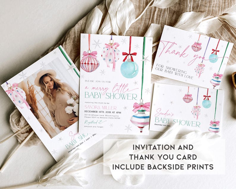 May include: A set of two printable cards for a baby shower. The invitation card features a watercolour illustration of pink and blue baubles with snowflakes and the text "A Merry Little Baby Shower". The thank you card features a similar illustration with the text "Thank you for showering our baby with love".