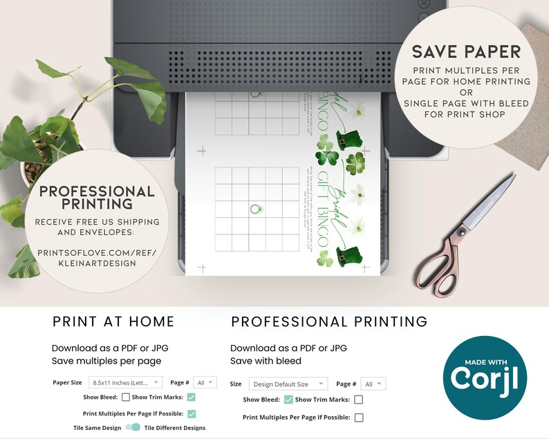 May include: A printable bridal shower bingo card with a green, white and gold colour scheme. The card features a shamrock, a leprechaun hat and the text "Bridal Gift Bingo".