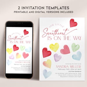 May include: Two printable baby shower invitation templates with a watercolor design featuring colorful hearts and the text "Our Little Sweetheart is on the Way".