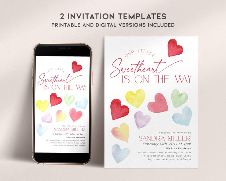 May include: Two printable baby shower invitation templates with a watercolor design featuring colorful hearts and the text "Our Little Sweetheart is on the Way".