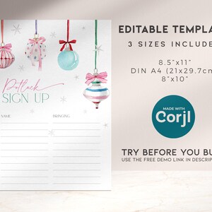 May include: Printable potluck sign up sheet with a Christmas theme. The sheet features a watercolor design of ornaments with pink, blue, and white colors. The text "Potluck Sign Up" is written in cursive.