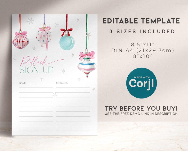 May include: Printable potluck sign up sheet with a Christmas theme. The sheet features a watercolor design of ornaments with pink, blue, and white colors. The text "Potluck Sign Up" is written in cursive.