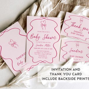 May include: A set of pink baby shower invitations and thank you cards. The cards feature a heart and bow design with dark pink borders. The invitation includes the text "Baby Shower" and event details.