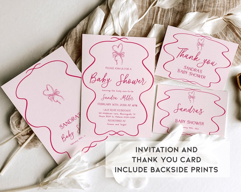 May include: A set of pink baby shower invitations and thank you cards. The cards feature a heart and bow design with dark pink borders. The invitation includes the text "Baby Shower" and event details.