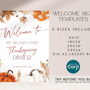 Puede incluir: Plantilla de letrero de bienvenida para la cena de Acci&oacute;n de Gracias con ilustraciones de acuarela de calabazas y hojas. El letrero incluye el texto "Welcome to The Miller's Family Thanksgiving Dinner" y opciones de tama&ntilde;o: 8x10", 18x24", 20x30", 24x36" y DIN A2 (42x59,4cm).
