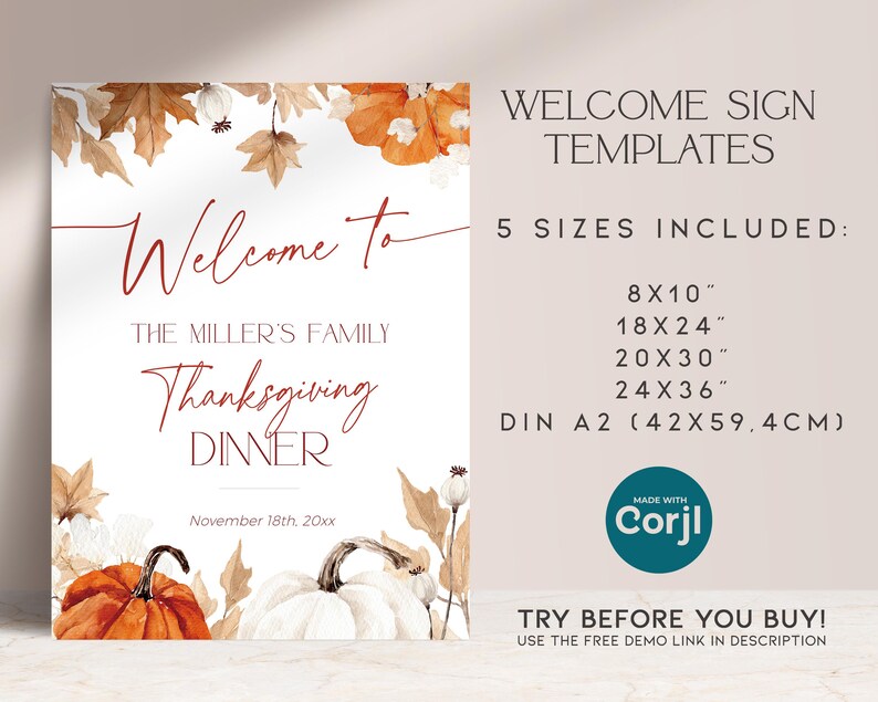 Puede incluir: Plantilla de letrero de bienvenida para la cena de Acci&oacute;n de Gracias con ilustraciones de acuarela de calabazas y hojas. El letrero incluye el texto "Welcome to The Miller's Family Thanksgiving Dinner" y opciones de tama&ntilde;o: 8x10", 18x24", 20x30", 24x36" y DIN A2 (42x59,4cm).