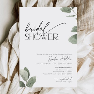 Eucalyptus Bridal Shower Invitation PRINTABLE, Greenery Invite Wedding Engagement, Sage Green Leaves Editable Template, Evite Download, BS39