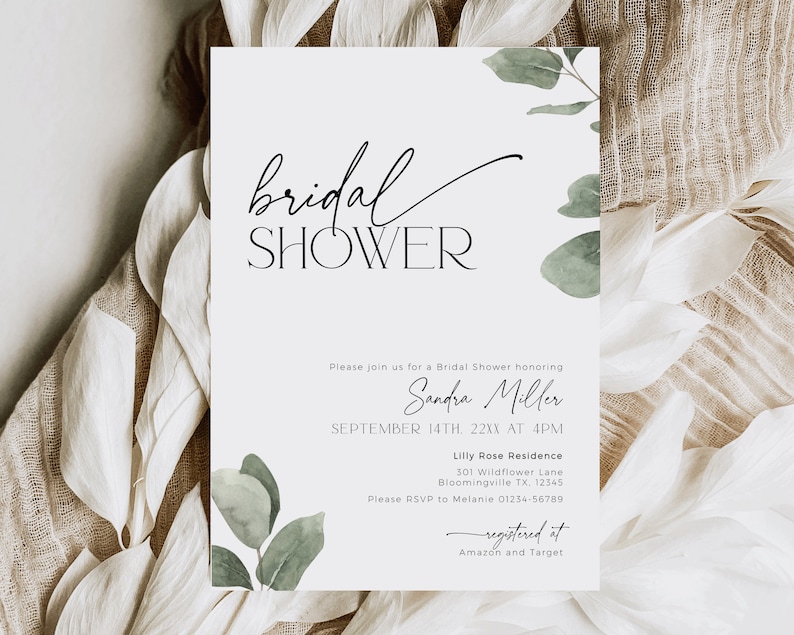 Bridal Shower Invitation Template with Eucalyptus theme and modern script font