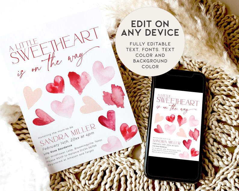 May include: A printable baby shower invitation with a pink and red watercolor heart design. The text reads "A Little Sweetheart is on the way" and includes the name Sandra Miller, the date, time, and location of the event. The invitation also includes information about RSVP and gift registry.