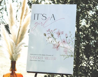 Wildflower Baby in Bloom Shower Welcome Sign Template, Dusty Pink Floral Signage PRINTABLE, Wild Flowers Banner Girl, Spring Poster, BS90