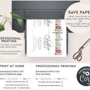 May include: A Christmas party invitation design with a winter village scene, printed on a white sheet of paper. The invitation is being printed from a printer. Text includes "Christmas Party" and "The Miller's House". Additional text promotes professional printing and home printing options.