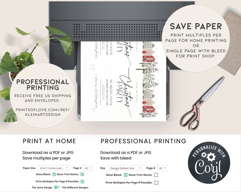May include: A Christmas party invitation design with a winter village scene, printed on a white sheet of paper. The invitation is being printed from a printer. Text includes "Christmas Party" and "The Miller's House". Additional text promotes professional printing and home printing options.