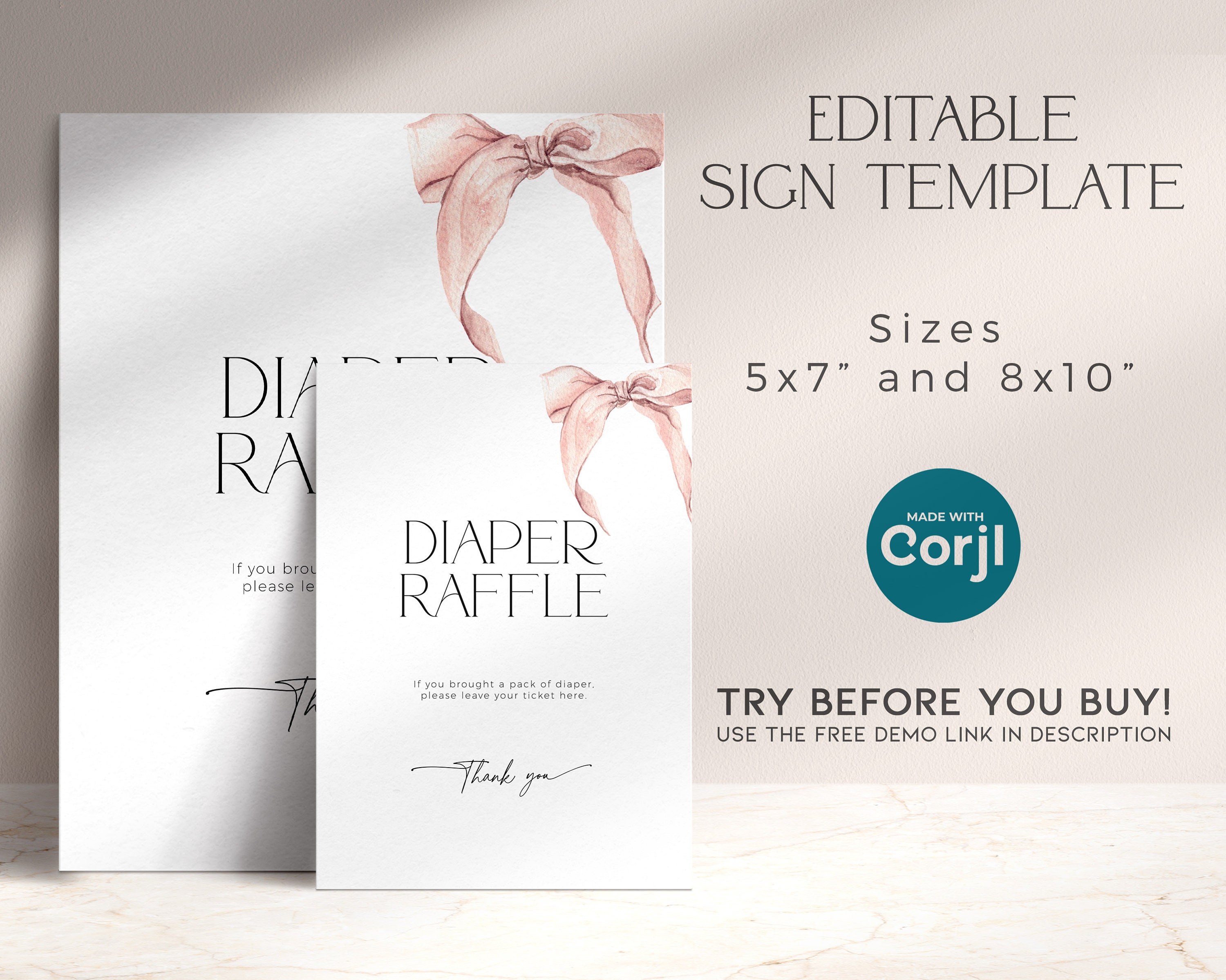 Pink Ribbon G Raffle Pink Bow Diaper Raffle Sign, Coquette Watercolor Baby Shower PRINTABLE ...