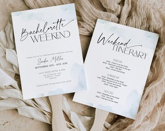 On Cloud Nine Bachelorette Weekend Itinerary Invitation, Dusty Heaven Wedding Fan Program, Something Blue Bridal Shower Agenda Invite, BS37