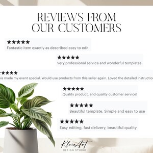 Pu&ograve; includere: Uno sfondo bianco con il testo "REVIEWS FROM OUR CUSTOMERS" in nero. Cinque recensioni dei clienti sono visualizzate con valutazioni a cinque stelle e commenti positivi. Le recensioni evidenziano la qualit&agrave; dei prodotti, il servizio clienti e la facilit&agrave; d'uso. Una pianta verde in un vaso bianco si trova nell'angolo in basso a sinistra dell'immagine.