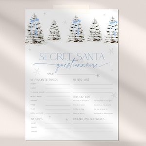 Plantilla de encuesta de amigo invisible con lazo azul, hoja de intercambio de regalos para la cena de Navidad, formulario de lista de deseos navideños, cuestionario de cosas favoritas CH77