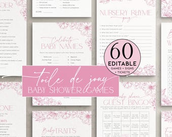 Pink Toile de Jouy Baby Shower Games Bundle, Editable Dusty Chinoiserie Activity Pack Girl, Elegant French Blush Wildflower Sprinkle, BB95