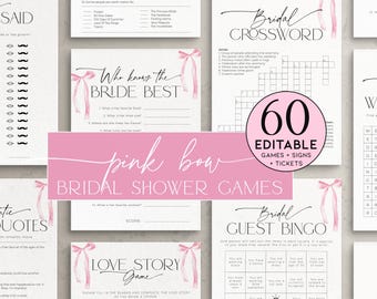 May include: A set of printable bridal shower games with a pink bow theme. The games include "Who Knows the Bride Best", "Bridal Crossword", "Bridal Guest Bingo", and "Love Story Game".