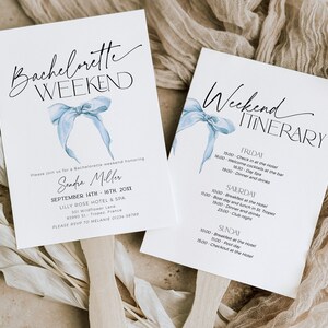 Dusty Bow Bachelorette Weekend Itinerary and Invitation, Modern Script Wedding Fan Program, Something Blue Bridal Shower Agenda Invite, BS59