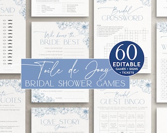 Dusty Toile de Jouy Bridal Shower Games BUNDLE, Something Blue Before I Do High Tea, Elegant French Chinoiserie Wedding Printable Navy, BS94