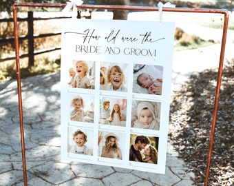 Pode incluir: Uma placa branca com o texto "How old were the bride and groom" impresso em preto. A placa tem nove quadrados com fotos de uma noiva e um noivo em diferentes idades.