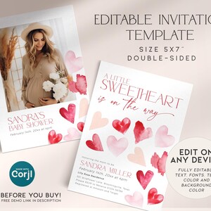 May include: Editable baby shower invitation template with a watercolor heart design. The template is double-sided and features the text "A Little Sweetheart is on the way".
