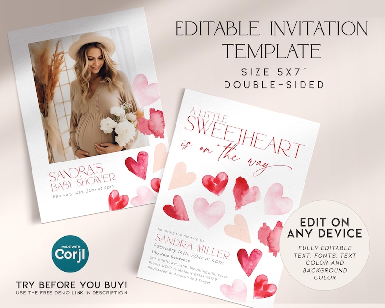 May include: Editable baby shower invitation template with a watercolor heart design. The template is double-sided and features the text "A Little Sweetheart is on the way".