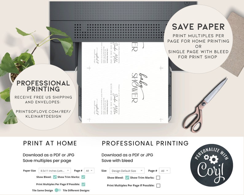 May include: A printable baby shower invitation template featuring the text "baby shower" in a cursive font. The template is displayed on a computer screen with options for printing at home or professionally. The text "Save Paper" is shown in a circle on the right side of the image.