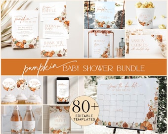 Falling in Love Baby Shower Invitation Bundle, Fall Flowers Party Games Pack, Autumn Set A Little Pumpkin is on the Way, CH64